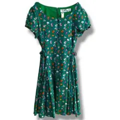 新品 小花柄 ワンピース グリーン パフスリーブ ウエストリボン 半袖 レトロ