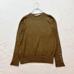 ザラ【S】緑系 クルーネック 長袖ニットセーター 金ボタン ストレッチ 秋冬