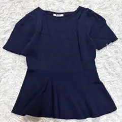 美品　インデックス　ペプラムニット　半袖　洗濯機可　ネイビー　Mのサムネイル