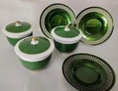 未使用　香蘭社 蓋付湯呑 クリスタルグリーン 蓋付　湯呑み　七宝焼 茶托 　湯呑