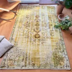 大判131×228レモンイエロー　メダリオン擦れシャビー　トルコヴィンテージラグ