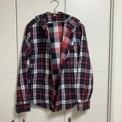フード付き チェック柄 長袖シャツ レッド ネイビー Lサイズ