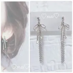 No.1450 リボンシンプル　チェーン　ピアス　イヤリング　ハンドメイド