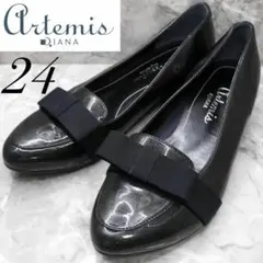 【美品】ダイアナ　diana エナメル　リボンオペラシューズ　フラット　黒　24