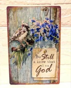 ブリキ看板　アート　レトロ風　壁掛け　カフェ　ガーデニング　小鳥　青い花　風水