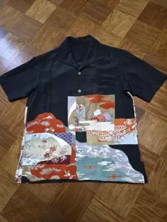 め0713着物リメイク正絹黒留袖平安藤紋道長取流水百花王吉祥扇面散文