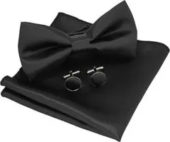 蝶ネクタイ ブラック 黒 ポケットチーフ カフスボタン メンズ 新郎 3点セット