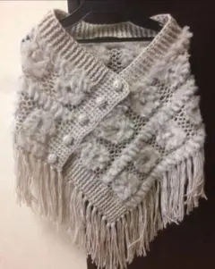 ベージュ フリンジ付き ポンチョ Fサイズ