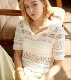 透かし編み クロシェ編み メッシュ ケーブルニット 半袖ニット SizeM