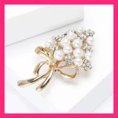 パール調 × ラインストーン リボンモチーフ ブローチ ゴールド 上品 入学式