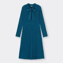 GU　長袖ボウタイニットロングワンピース　グリーン