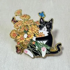 ハチワレ 黒猫 花束 アニマル ピンバッジ エナメルピン ピンズ ★新品未使用★