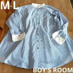 M～L ブルー　青　ストライプ　シャツブラウス　チュニック丈　BOY'SROOM
