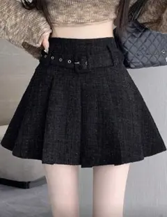 プリーツAライン ツイード ミニスカート ベルト付き ブラック