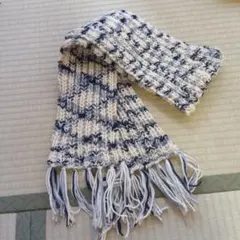 ハンドメイド ニットマフラー フリンジ付き ホワイト ネイビー グレーのサムネイル