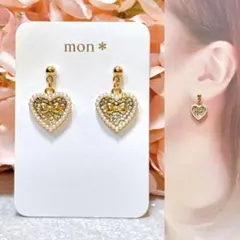 ゴールド　ハート　ジルコニア　クリスタル　リボン　ハンドメイド　ピアスイヤリング