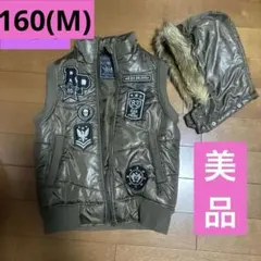 美品　ダウンベスト　160cm カーキ　ミリタリー　帽子付き(取り外し可)