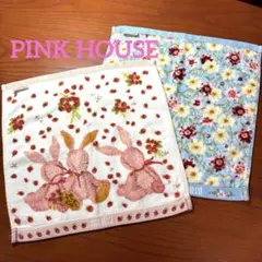 【希少】PINK HOUSE ウォッシュタオル 2枚 ギンガムうさぎ・野ばら柄のサムネイル