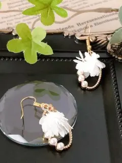 No.413 楕円リング×パール×フラワータッセルピアス(イヤリング)