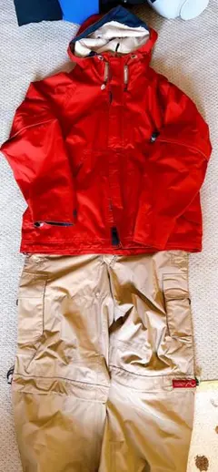 SHIMANOラッドステップレインスーツセット赤×ベージュ釣り防水アウトドア中古