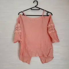 ピンク オフショルダー レース付きトップス 肩出し Sサイズ