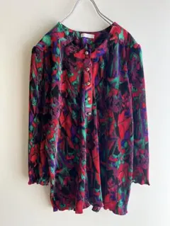プリーツ生地　総柄　カットソー　柄シャツ　ビンテージ　ヴィンテージ　レトロ
