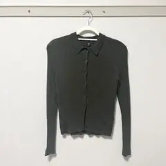 【使用感あり】ユニクロ メリノリブポロカーディガン L オリーブ カーキ