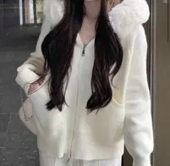 SHIENフード付きファーホワイトニットパーカー