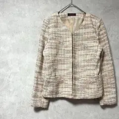 ラムロッサ　ノーカラージャケット　M　ツイード　白系　セレモニー　フォーマル