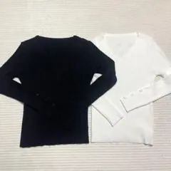 袖ボタン Vネック リブ ニット トップス 長袖 M ホワイト ブラック