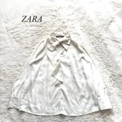 K5【ザラ】ボウタイフリルブラウス　長袖　アイボリー　M 無地　とろみ　上品