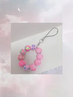 花柄ビーズストラップ ピンク系 ハンドメイド カラフル