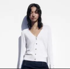 ZARA ホワイト Vネック カーディガン　コットン