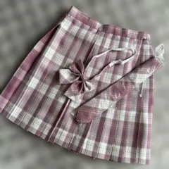 プリーツスカート チェック ピンク 制服 スクールリボン ネクタイ セット L