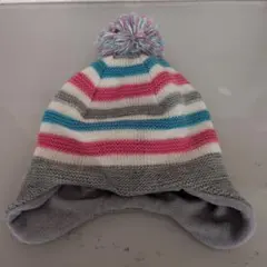 ミキハウストレード　キッズ　ストライプ柄ポンポン付きニット帽