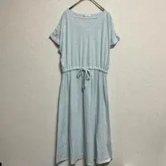 Vネック 半袖 Tシャツ ワンピース ライトブルー M ウエストリボン