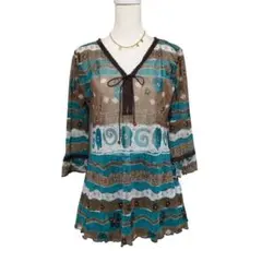 花柄ボーダー 五分袖チュニック y2k 森ガール フェアリーグランジ レース