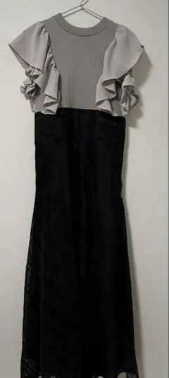 ダブルフリル袖チェックレースドッキングワンピース