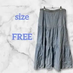 美品 ライトブルー ウェストゴム フレアスカート デニム風【FREE】