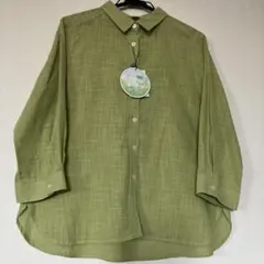 タグ付き新品　Veronica 麻の風合いグリーン 長袖シャツ　Lサイズ