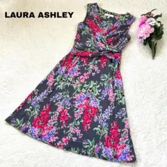 【美品】ローラアシュレイ 花柄 膝丈 カシュクールワンピース ウエストマーク