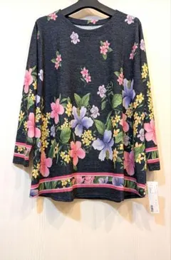 美品✨レオナール チュニック丈 襟つきトップス 花柄 トリム ロゴ ブラック40 美品✨レオナール チュニック丈 襟つきトップス 花柄 トリム