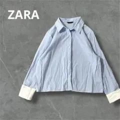 ZARA ザラ　バックリボン付き　クロップドシャツ　ストライプ　ライトブルー　Ｍ