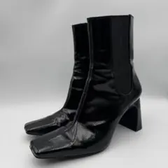 美品 ZARA サイドゴアブーツ エナメル スクエアトゥ 23.5 黒 太ヒール
