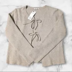 【新品・未使用タグ付き】GU リボンデザイン リブカーディガン ベージュ XL