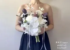 ＊グレイッシュパープル×ホワイト＊ウェディングブーケ 造花ブーケ リボン 結婚式
