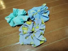 水色と貝殻柄のシュシュ3個セット