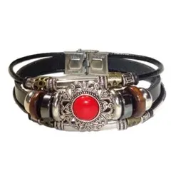 ③　三連　赤色　天然石　レッド　レザーブレスレット　インディアン　黒色