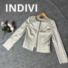【美品】INDIVI インディヴィ ノーカラージャケット 日本製 ベージュ 38