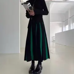 プリーツスカート ロング 黒 緑 ストライプ ウエストゴム 体型カバー 韓国